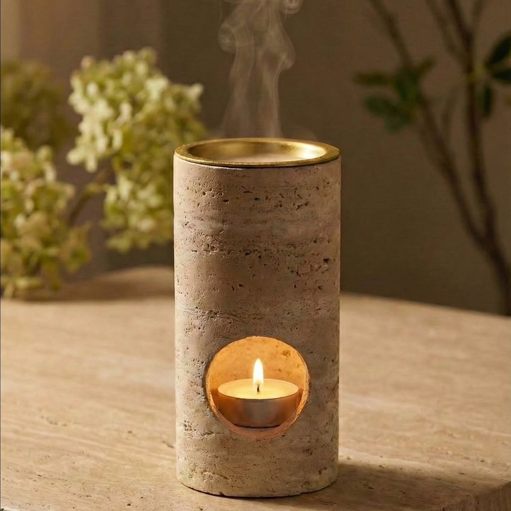 Travertine Oil Burner with Brass Container