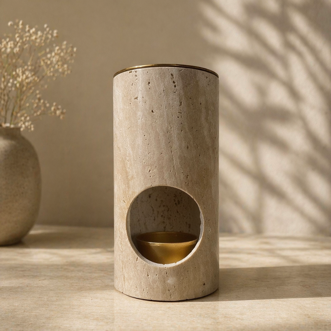 Travertine Oil Burner with Brass Container
