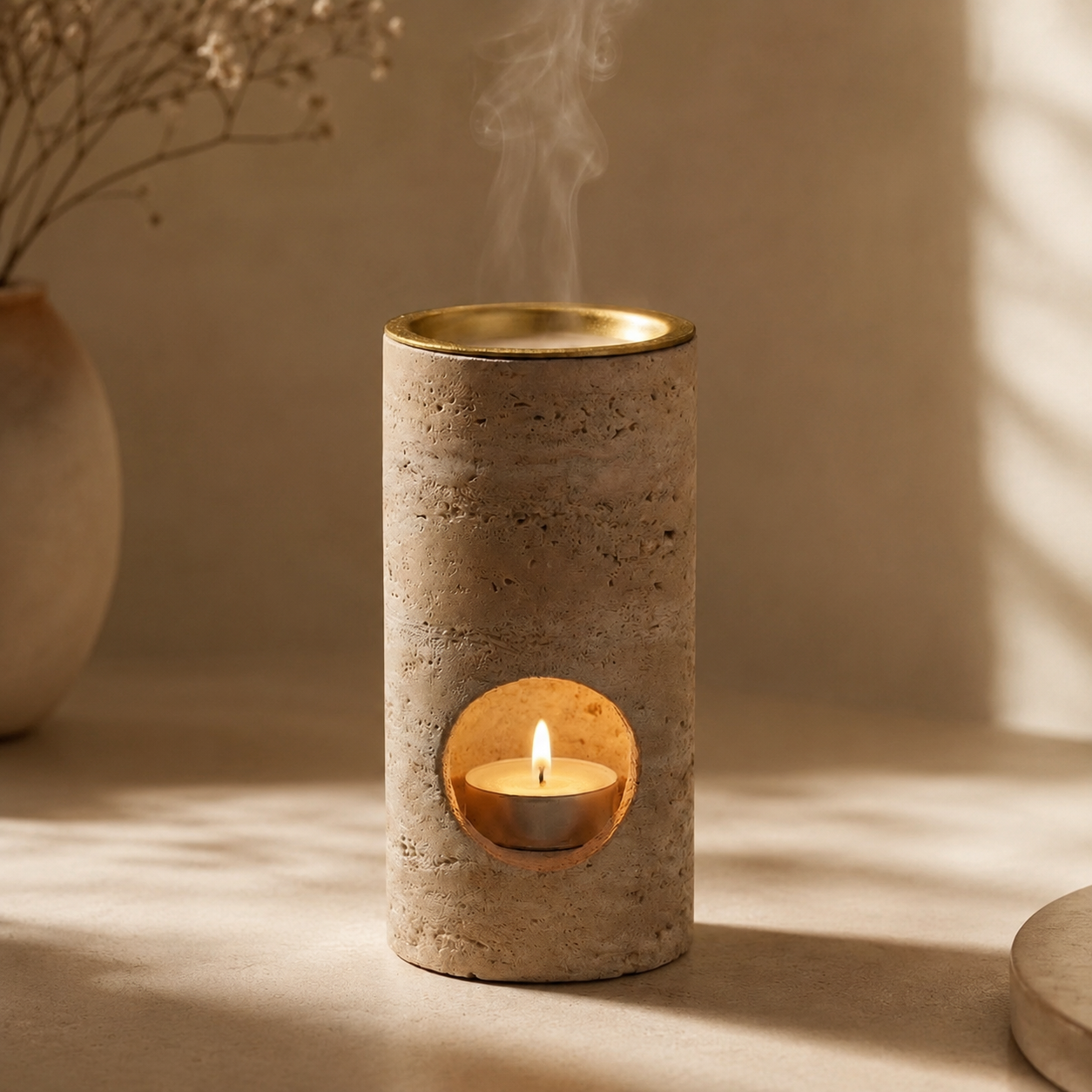 Travertine Oil Burner with Brass Container
